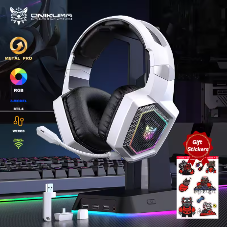 ONIKUMA 2.4GHz 無線遊戲耳機，相容於 PS5、PS4、PC 和 Mac，配備降噪功能、麥克風和 RGB 燈光效果