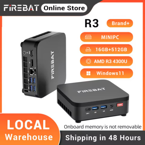 FIREBAT R3 迷你電腦，AMD Ryzen 3 4300U 處理器，16GB LPDDR4 內存，512GB M.2 SATA 固態硬碟，WiFi 6，藍牙 5.2，千兆網卡，Windows 11 作業系統，桌上型電腦